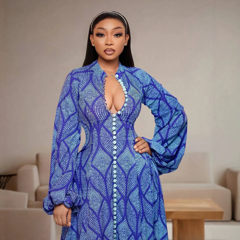 European and american cross-border women's clothing:  summer new arrival - elegant, slim-fit, printed maxi dress with button detail