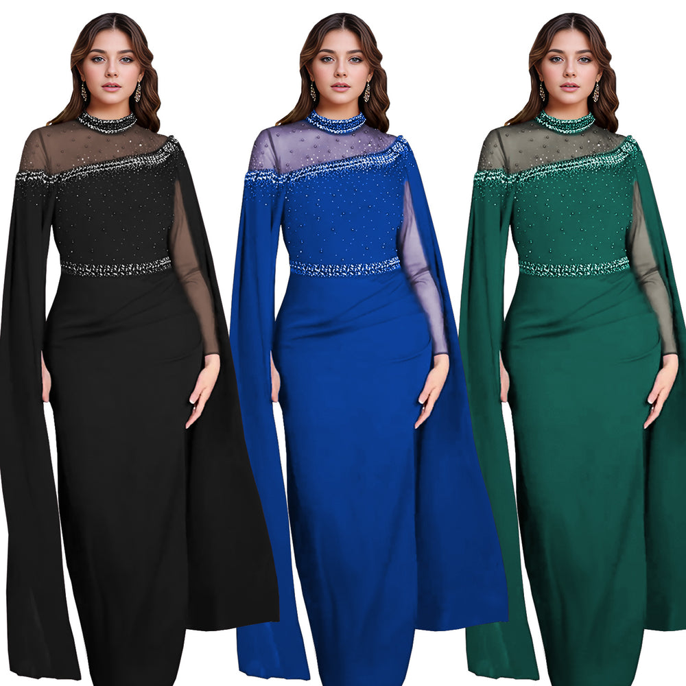 C7280 cross-border fashion evening gown dress: european & american style, chiffon & mesh paneling, heavily embellished with hotfix rhinestones & beaded appliqués, featuring trendy cape sleeves
