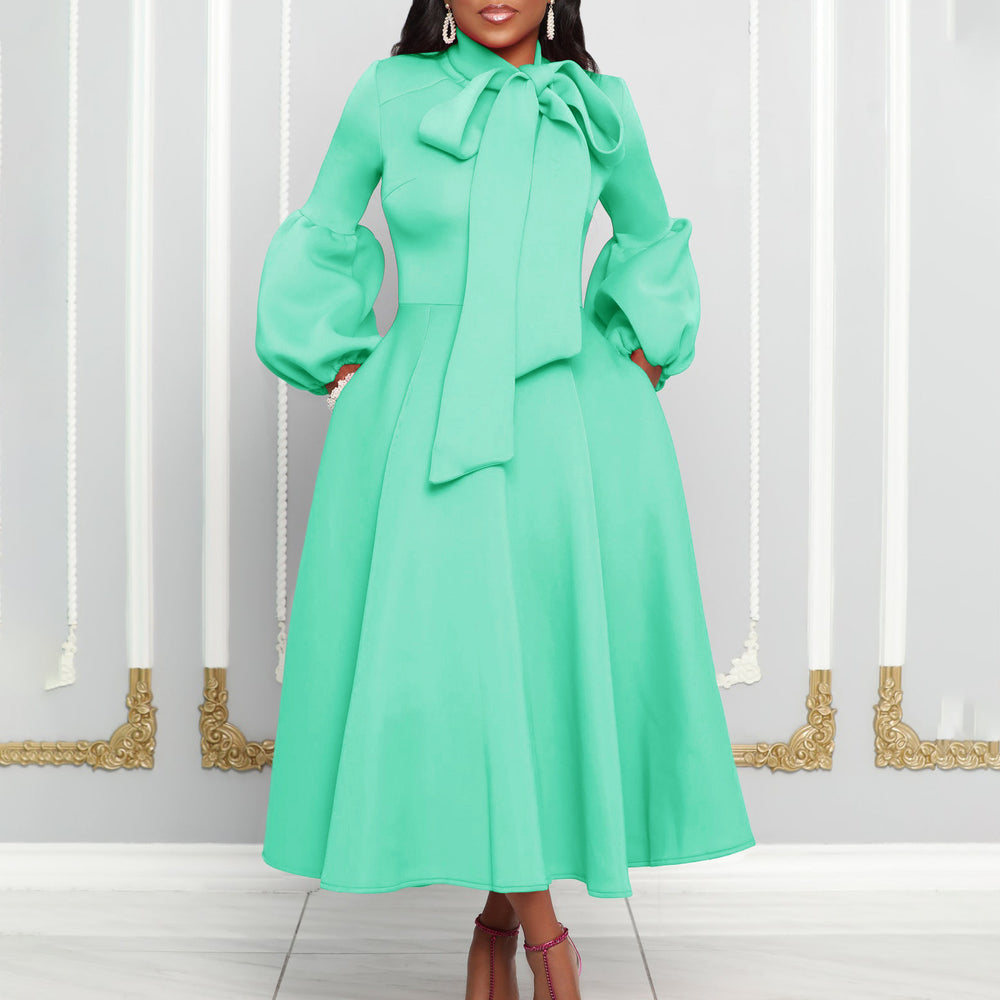 Independent station export women's clothing spring new arrival puff sleeves bowstie back large skirt high waist dress fashiondress