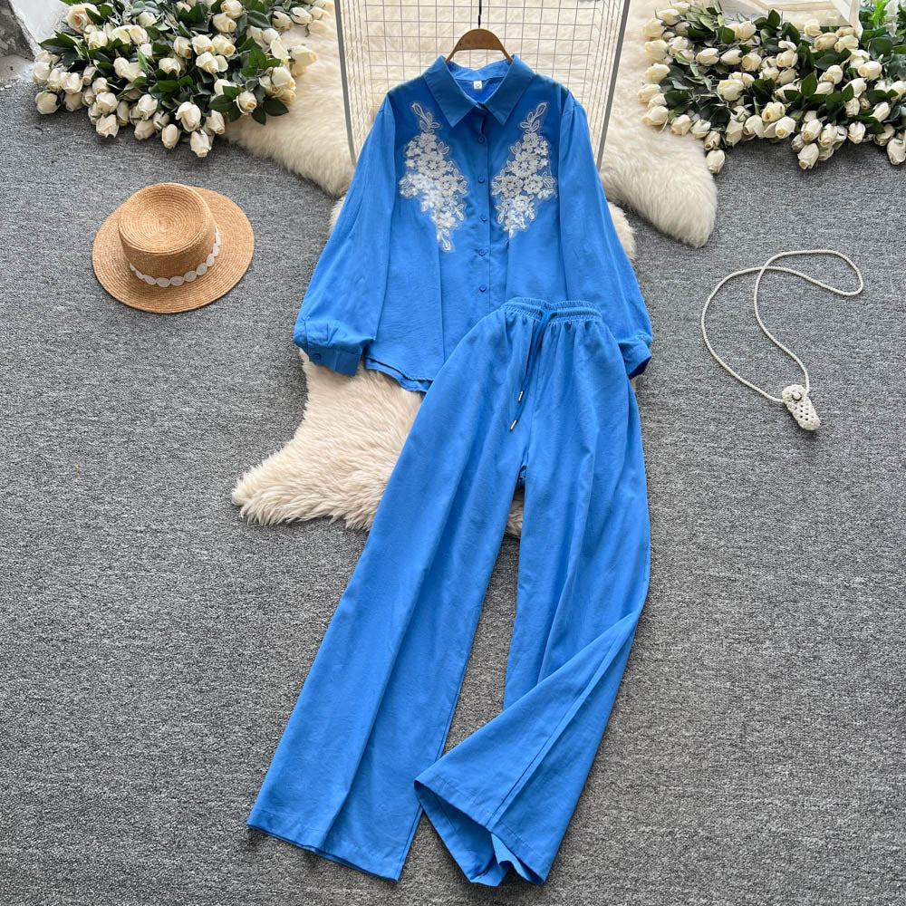 European and american style casual suit for women - autumn collection: heavily embroidered beaded mesh panel long sleeve loose-fit shirt with high-waisted wide-leg pants