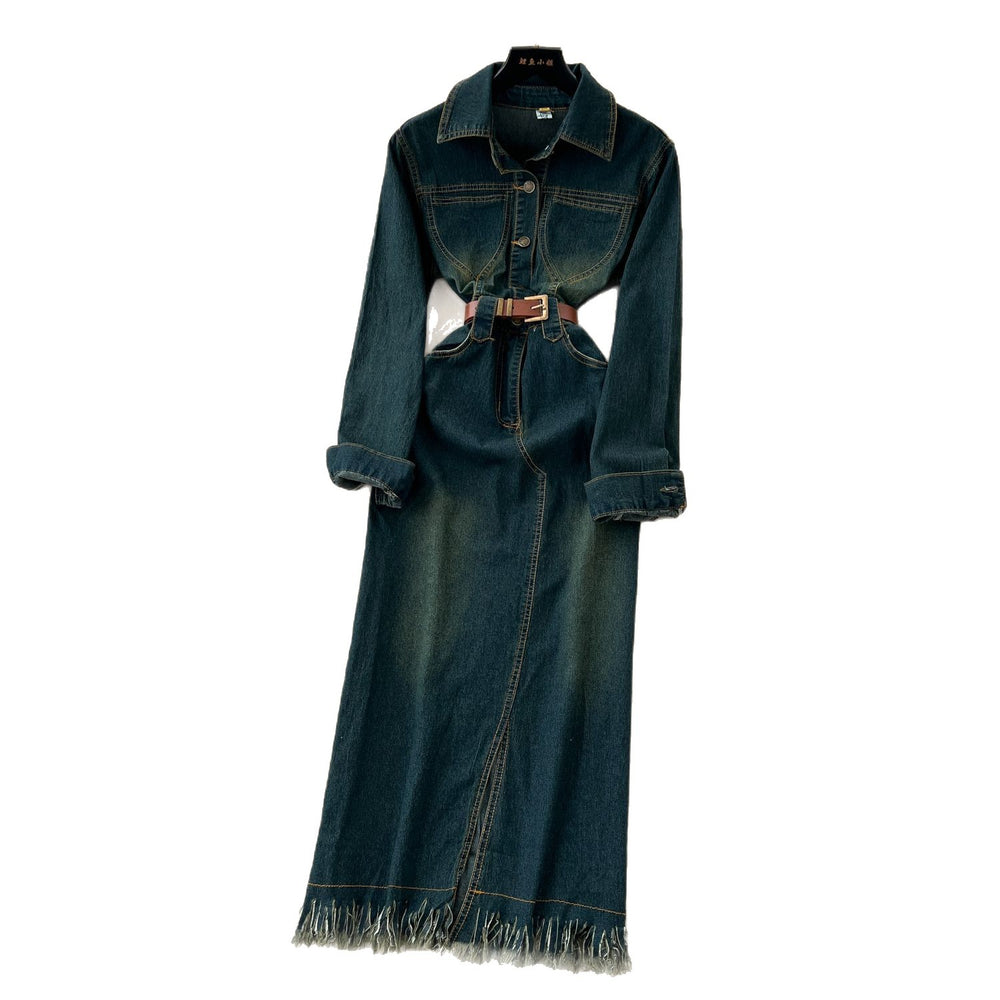 Frenchretro light mature style strappy waist lapel long sleevesdress women slimming lookelegant single-breasted denim long skirt