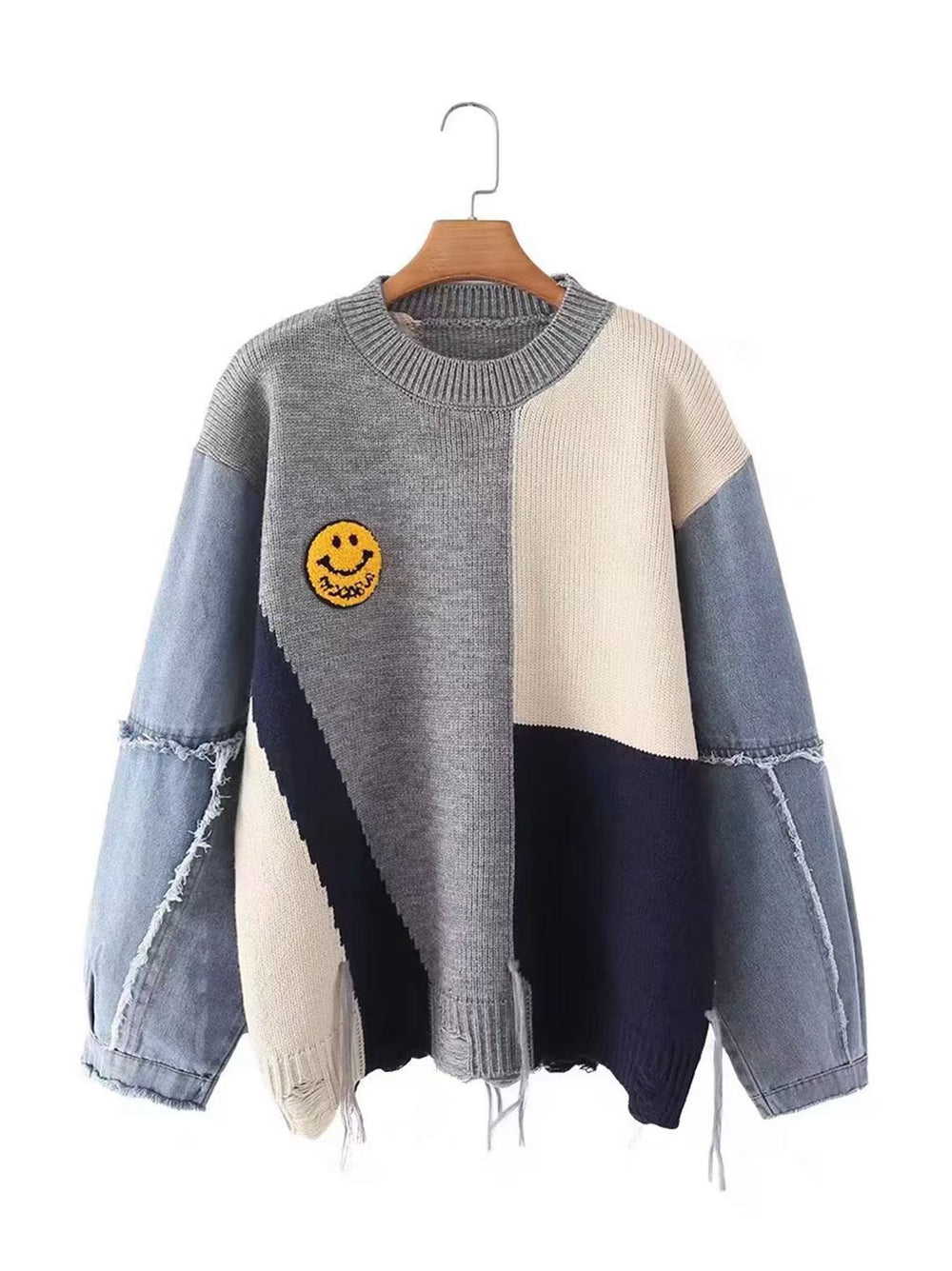 European and american style cross-border autumn/winter denim sleeve color block smiley face loose pullover sweater round neck knitted base layer top for women