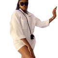 European and american women's clothing  autumn new collection: sweet and fresh turn-down collar patch pocket long sleeve shirt & high-waisted shorts two-piece set