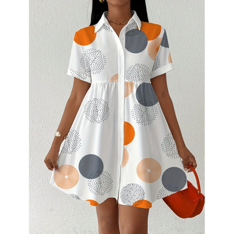 Shipped: cross-border, hot-selling european and american style printed shirt dress. fashionable, loose-fitting, mid-length short-sleeved dress