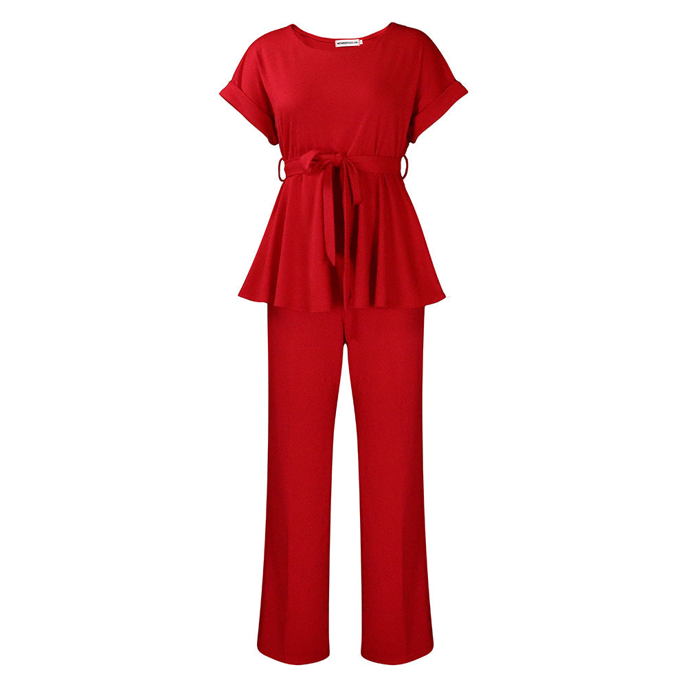 D3206 european and american style women's summer  solid color tie-up top and high-waisted wide-leg pants fashion casual export set