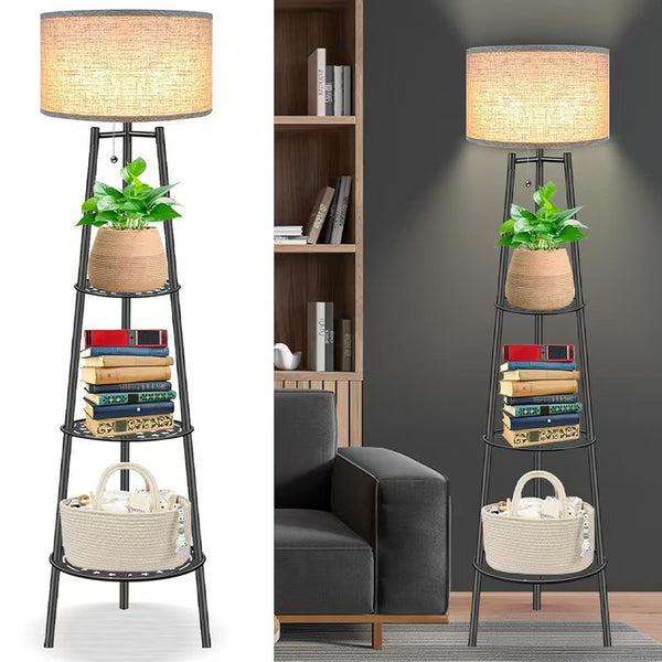 Cross-border hot-selling fabric ambient light Nordic modern simple three-layer storage rack shelf floor lamp can be customized