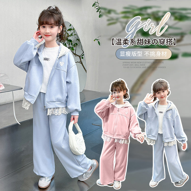 Girls' spring outfit : new stylish casual sporty lace-trimmed hooded jacket two-piece set for spring and autumn