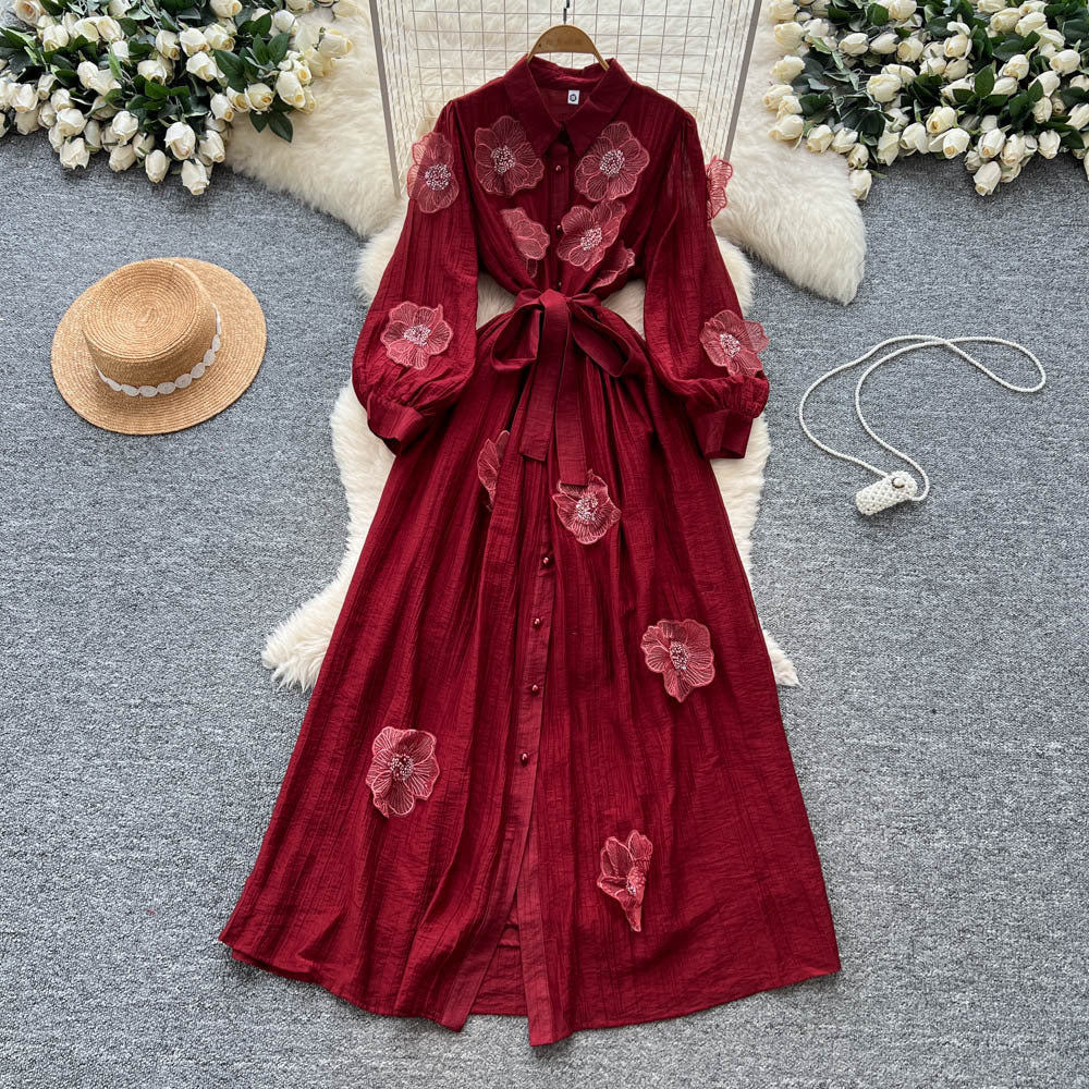 Frenchclassy heavy industry beading stereo flower lapel long sleeves single breasted strap waist elegantdress women