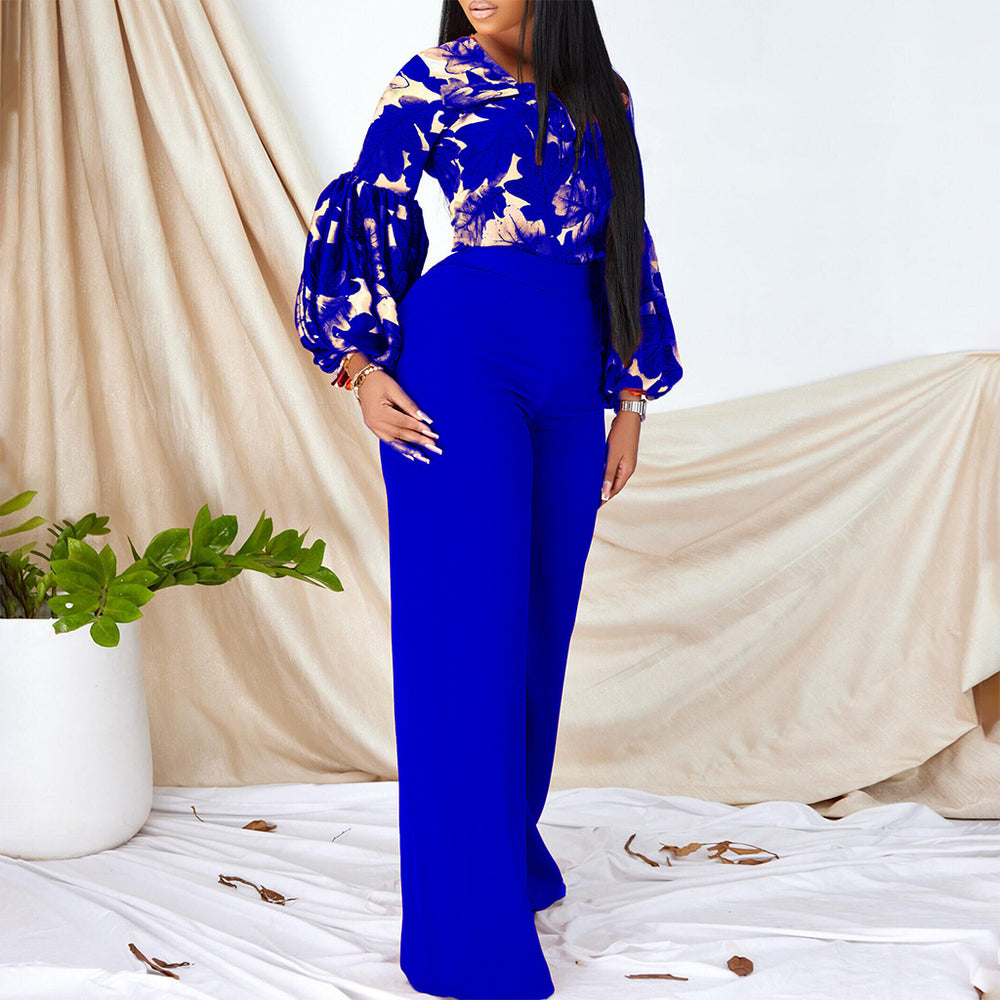 D386  plus size women's new fashion printed tie-up top and wide-leg pants two-piece set - european and american style