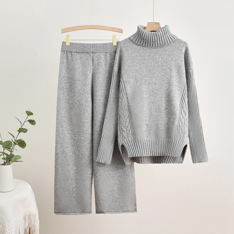 Autumn winternew arrivalknittingsuitelegantcasual slit sense of design high collar sweaterpure colorloose pantstwo-piece set