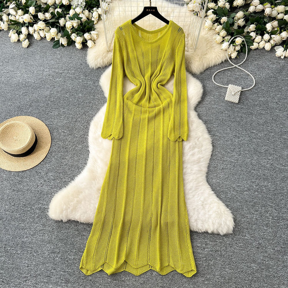Gentle wind niche styleclassy round neck long sleevescut outknittingdress women's inner suspender skirt layered two-piece set