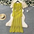 Gentle wind niche styleclassy round neck long sleevescut outknittingdress women's inner suspender skirt layered two-piece set