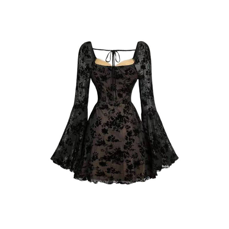 Shipped: cross-border european and american women's apparel -  & independent store - black floral lace a-line cropped top dress