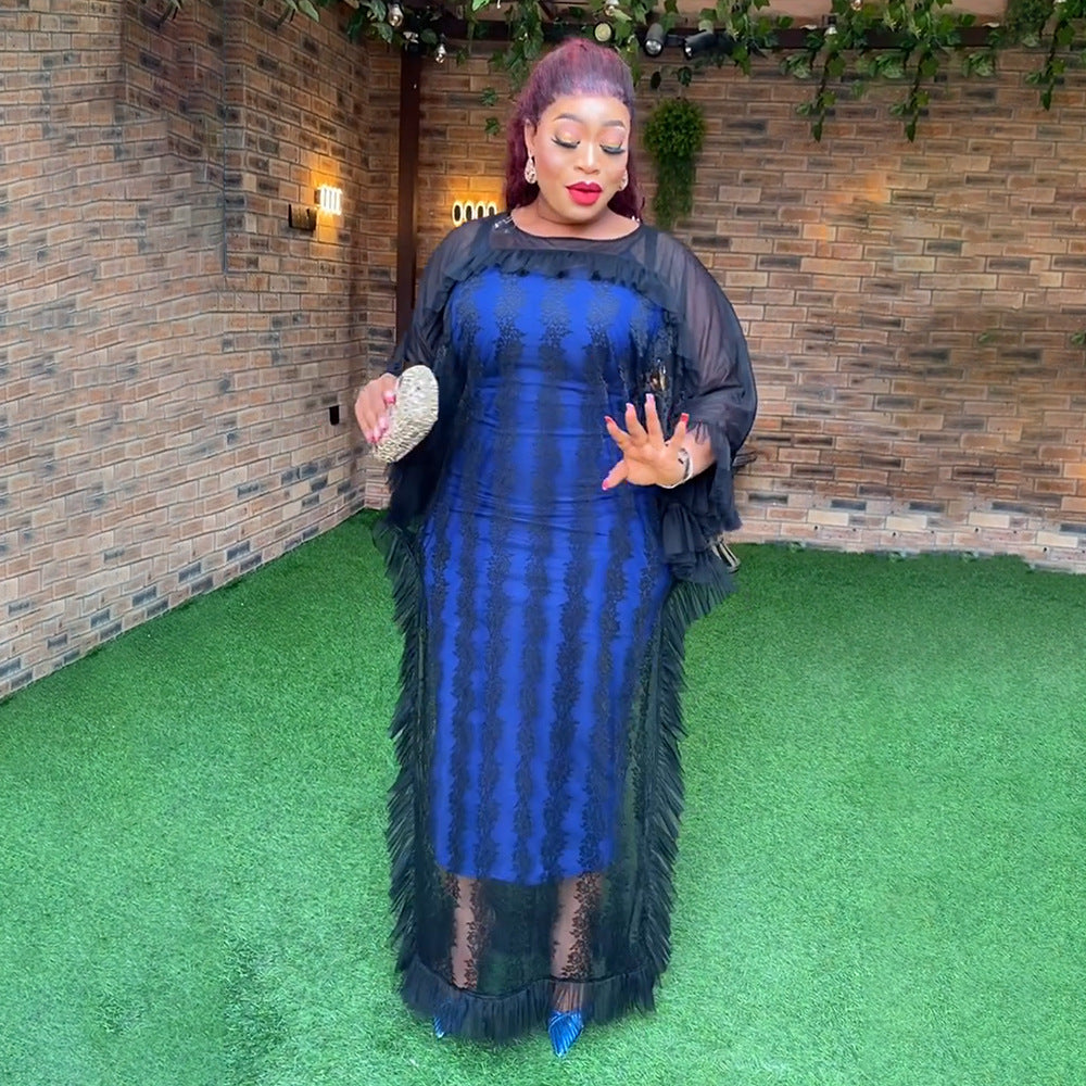 Fashion cross-border foreign trade  mesh patchwork dress african plus size women's suspender skirt two-piece setin stock