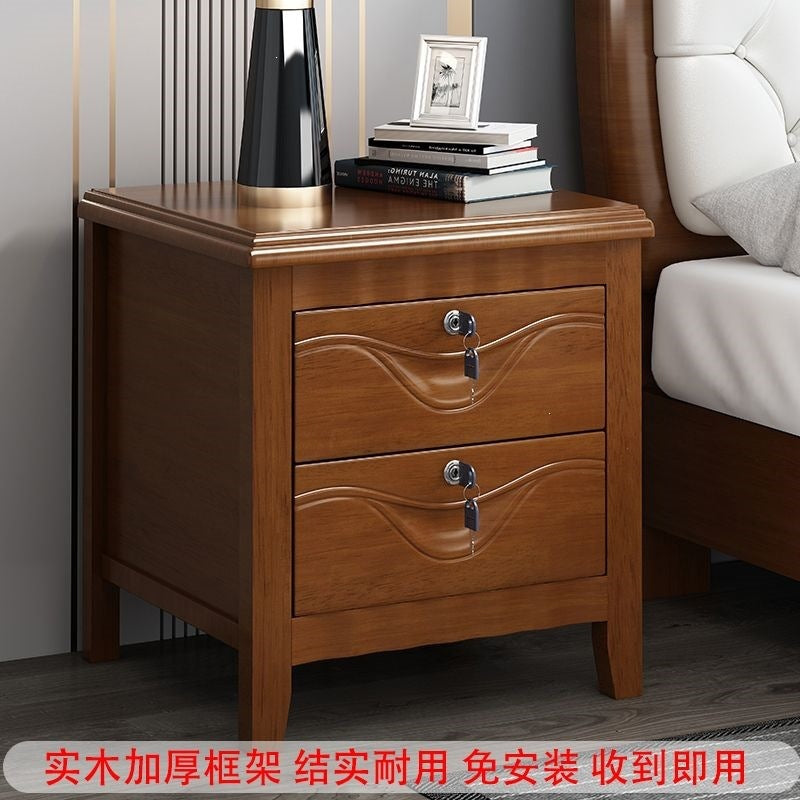 Solid wood bedside table for home bedroom, lockable storage cabinet, small rental room bedside storage chest, no assembly required