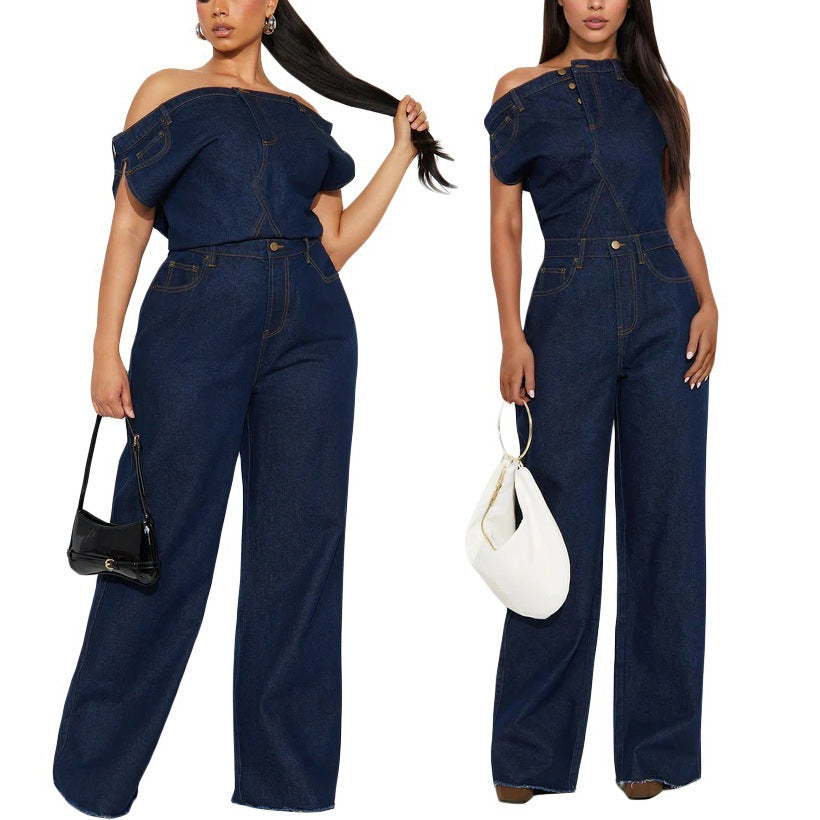 european and american new arrival cross-border  casual fashion bandeau off-the-shoulder slim-fit denim jumpsuit romper