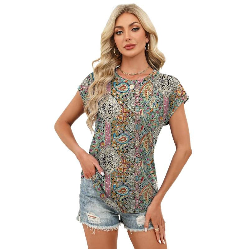 Amazon fashionelegance round neck short sleeve shirt women's  summer new casuallooseeleganttops