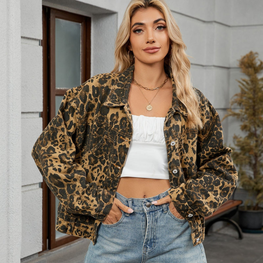 European and american cross-border e-commerce autumn new arrivals:  independent store wild and versatile leopard print denim jacket