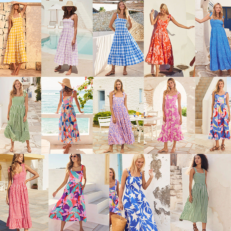cross-border fashion summer women's  commuter sleeveless spicy girl print long slip dress