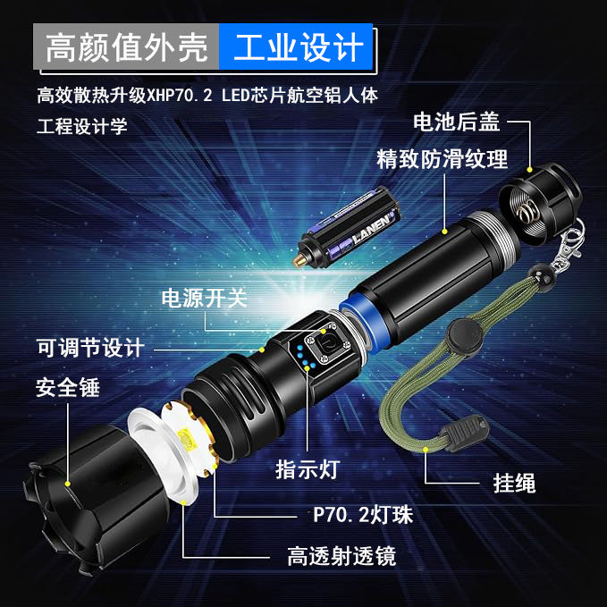 Cross-border special P70 flashlight super bright led aluminum alloy zoom electric display flashlight outdoor multi-function flashlight