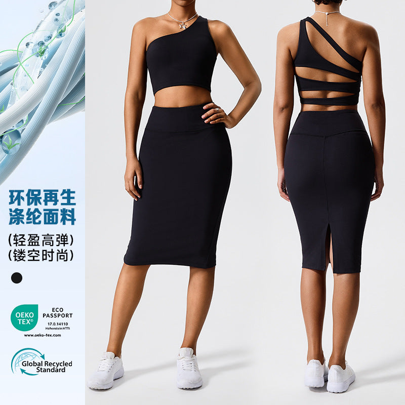 Recycled polyester slimming fashion backless bra yoga set running sports outerwear tight skirt suit for women
