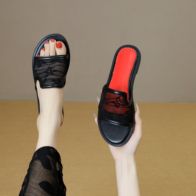 Summernew arrival mesh round toe one-line flatsoutwear sandals cross-border plus size slippers for women