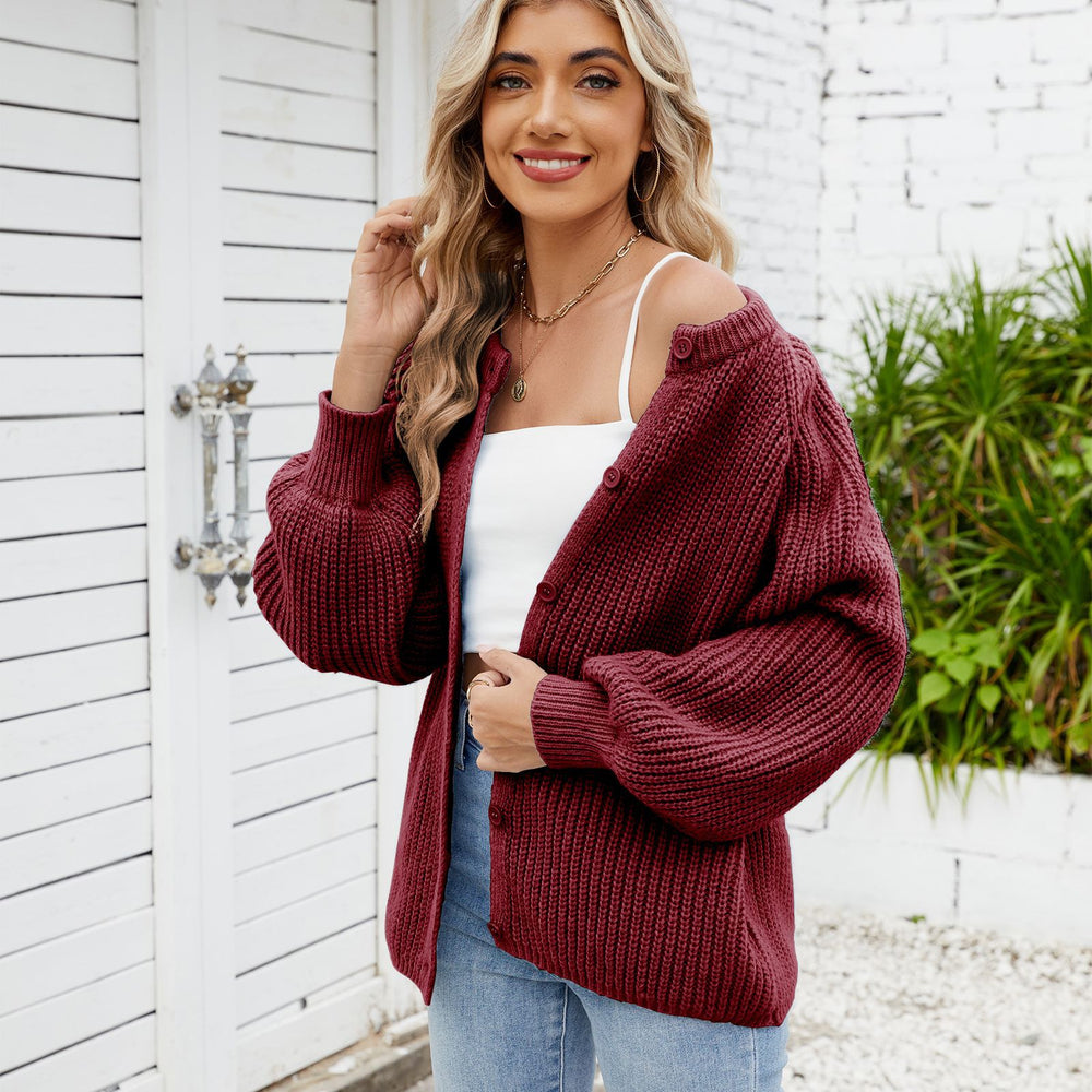 Fashion cross-border export women's clothing new arrival   loosecasual round neck sweater one-row button tops trendy