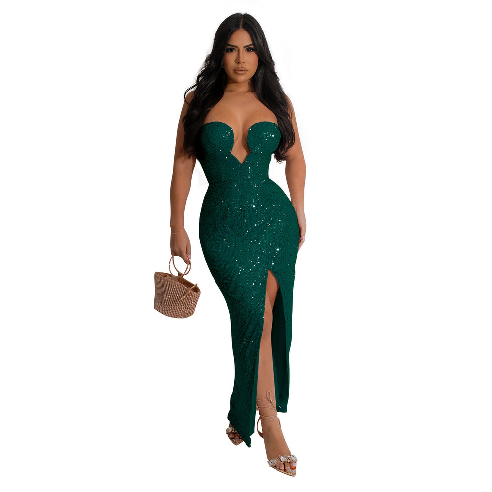 C6782 cross-border   fashion women's solid color sexy sequin backless maxi dress