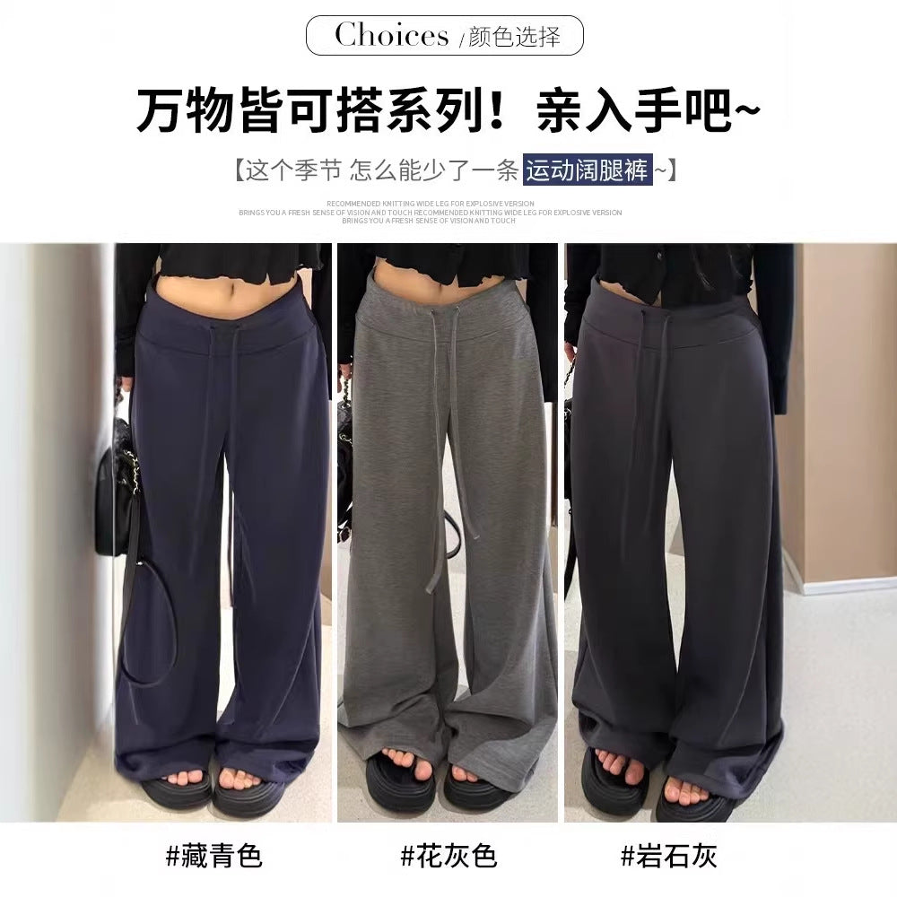Navy blue wide-leg pants for women - autumn collection, lightweight high-waisted, drapey, slimming, loose fit, straight leg, casual sweatpants/sports pants (suitable for summer)