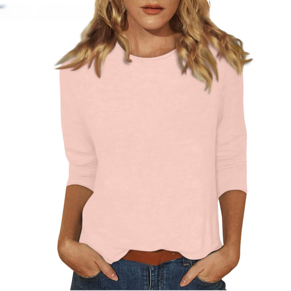 new women's crew neck t-shirt with 3/4 sleeves - solid color top for cross-border  sales