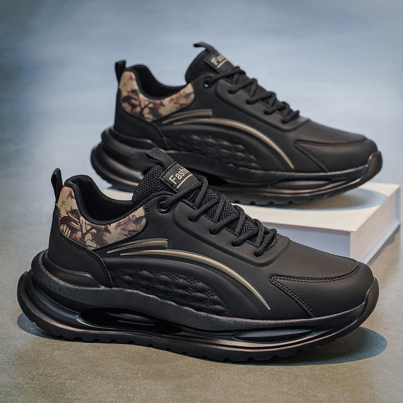 Sports breathable men's shoes spring leather shock-absorbing running shoes youth soft bottom lightweight student white daddy trendy shoes