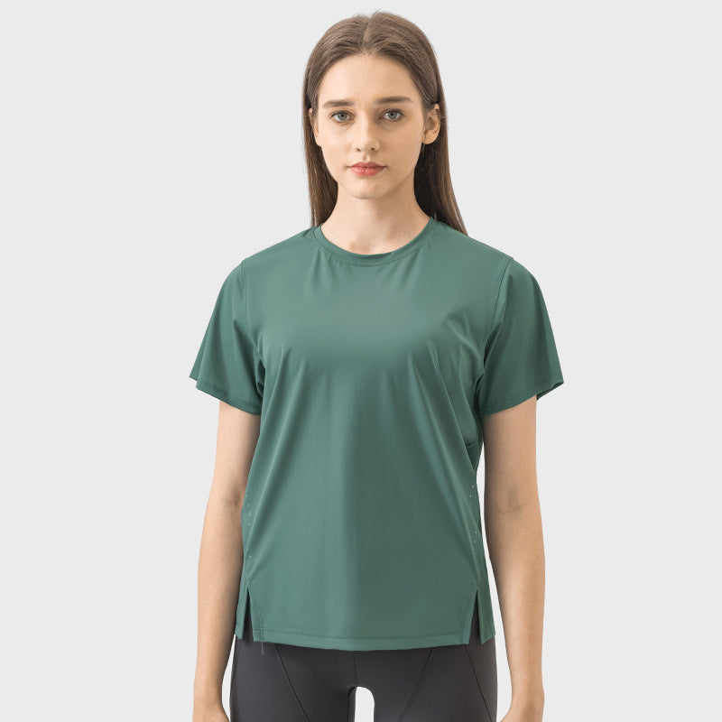 New arrivalplaid thin and breathable quick-drying yoga clothes round neck easiest for match night running reflective strips sports short-sleeved women dss059