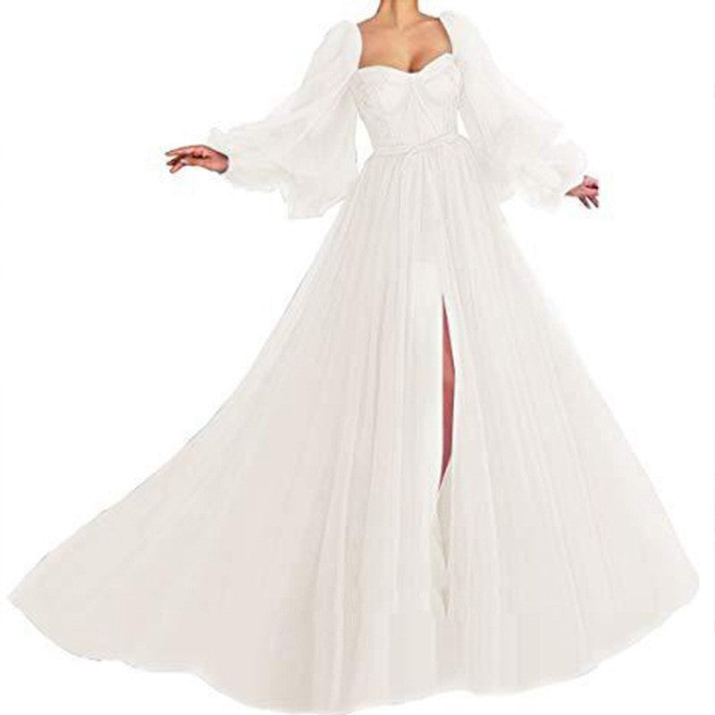 spring/summer new arrivals: european and american style one-shoulder mesh long-sleeve dress - wedding gown/large swing maxi dress