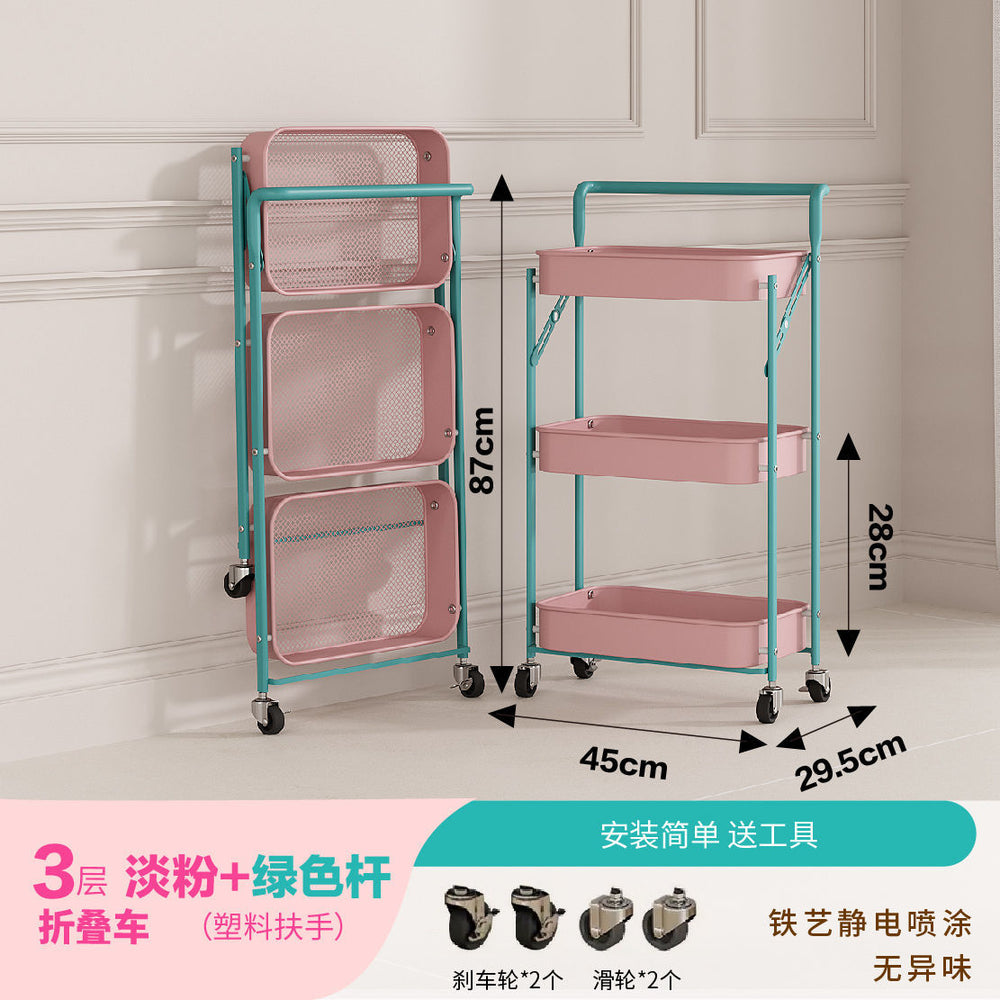 All-carbon steel foldable, no-assembly storage cart - mobile trolley for bathroom, kitchen, and snack storage