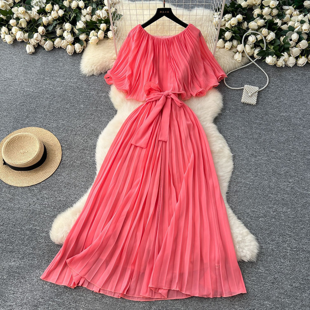 European and american fashion dress - women's french design with shawl sleeves, tie waist, elegant drape, pleated chiffon maxi dress