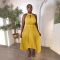 new sleeveless off-the-shoulder pleated asymmetrical halter neck slit pleated dress for cross-border fashion on  (us & europe)
