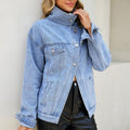 European and american cross-border e-commerce  asymmetrical slant placket metal buckle multi-pocket drop shoulder washed denim jacket for women