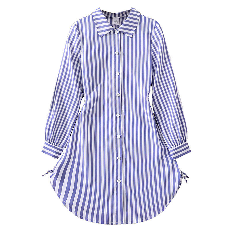 cross-border girls' dress: new spring/autumn casual striped turn-down collar button-down long sleeve side drawstring shirt dress
