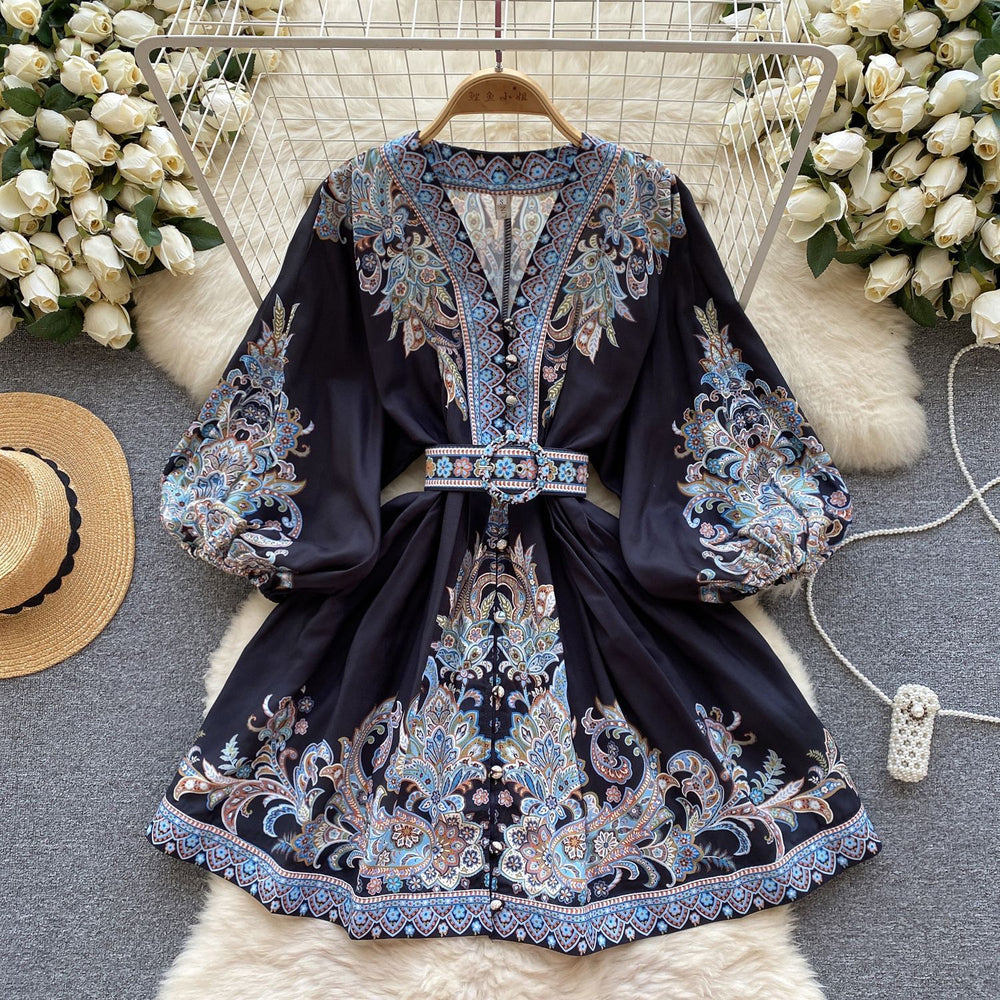 Accessible luxuryfrench palace style printingdress women's v neck puff sleeves waist design niche style socialite elegant skirt