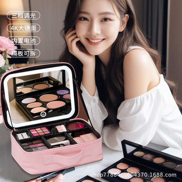 New  leather bag mirror LED three-color light cosmetic mirror large-capacity portable travel portable storage cosmetic bag case