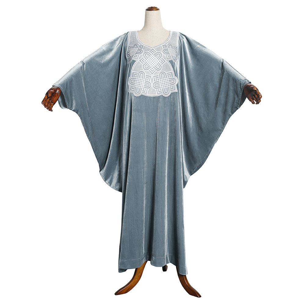 Solid color batwing sleeve velvet embroidered v-neck robe dress - cross-border sourcing, women's clothing,  new arrivals, african sourcing