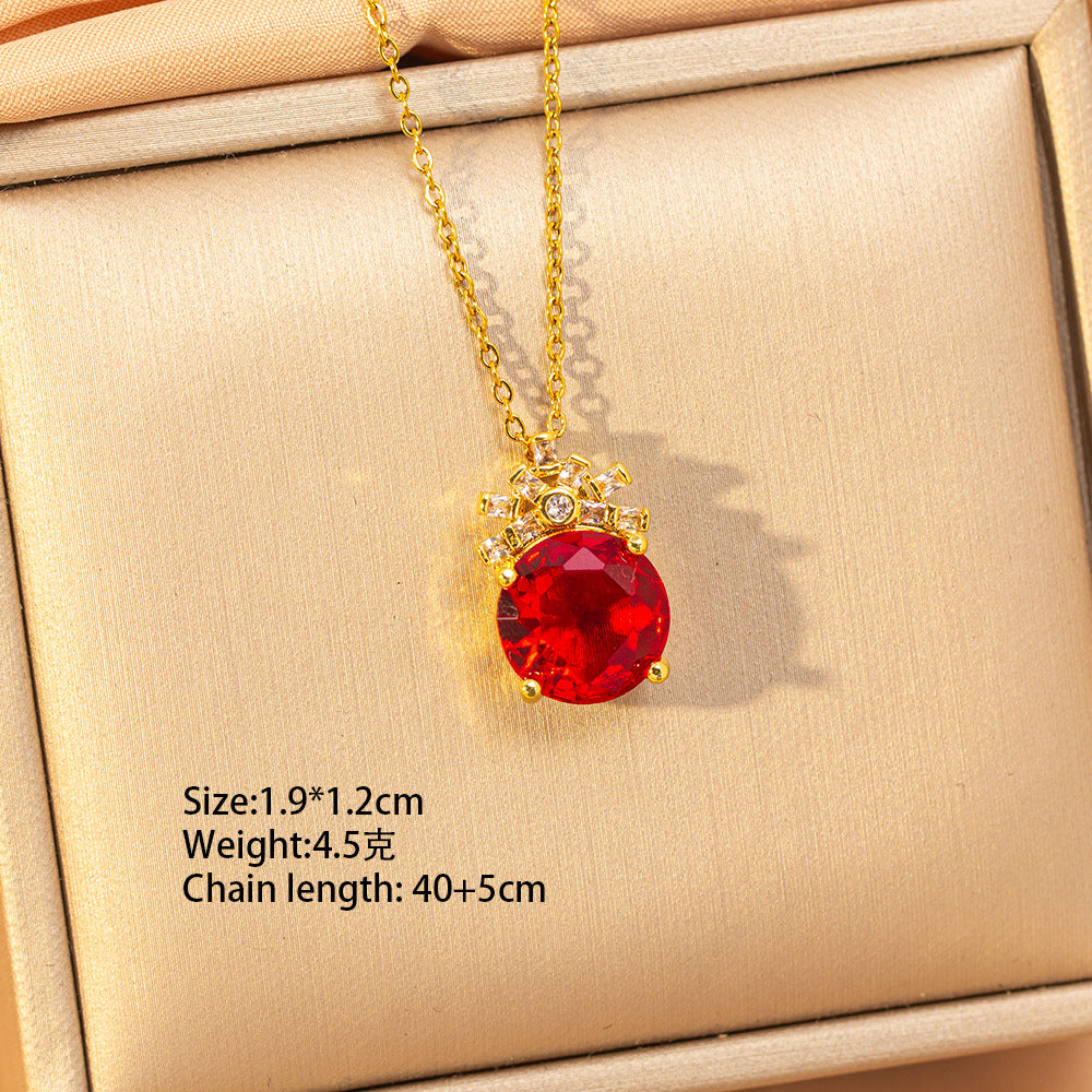 【titanium steel】copper inlaid zircon light luxury new style ruby necklace women's high-end fashion versatile elegant sweater chain jewelry