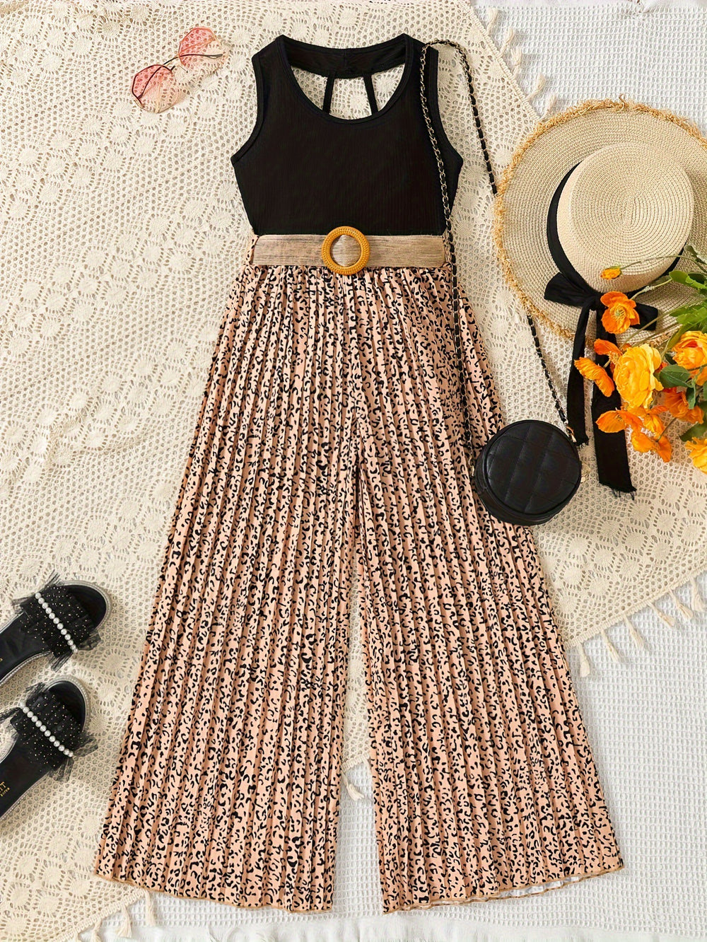 european and american style cross-border girls' solid color tank top + wide-leg pleated pants set with belt for older girls