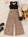european and american style cross-border girls' solid color tank top + wide-leg pleated pants set with belt for older girls
