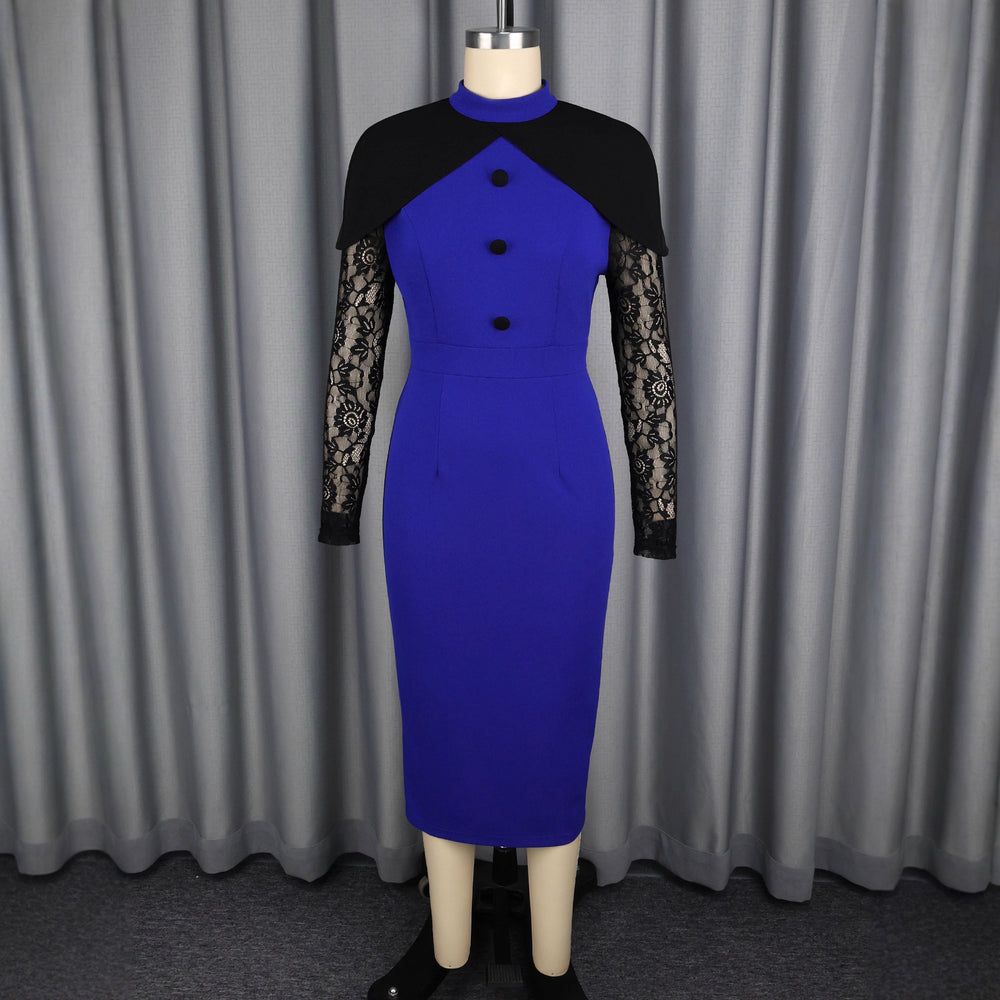 Fashionfashion stand collar cape contrast colordress lace single breasted waist party silm hip skirt dress