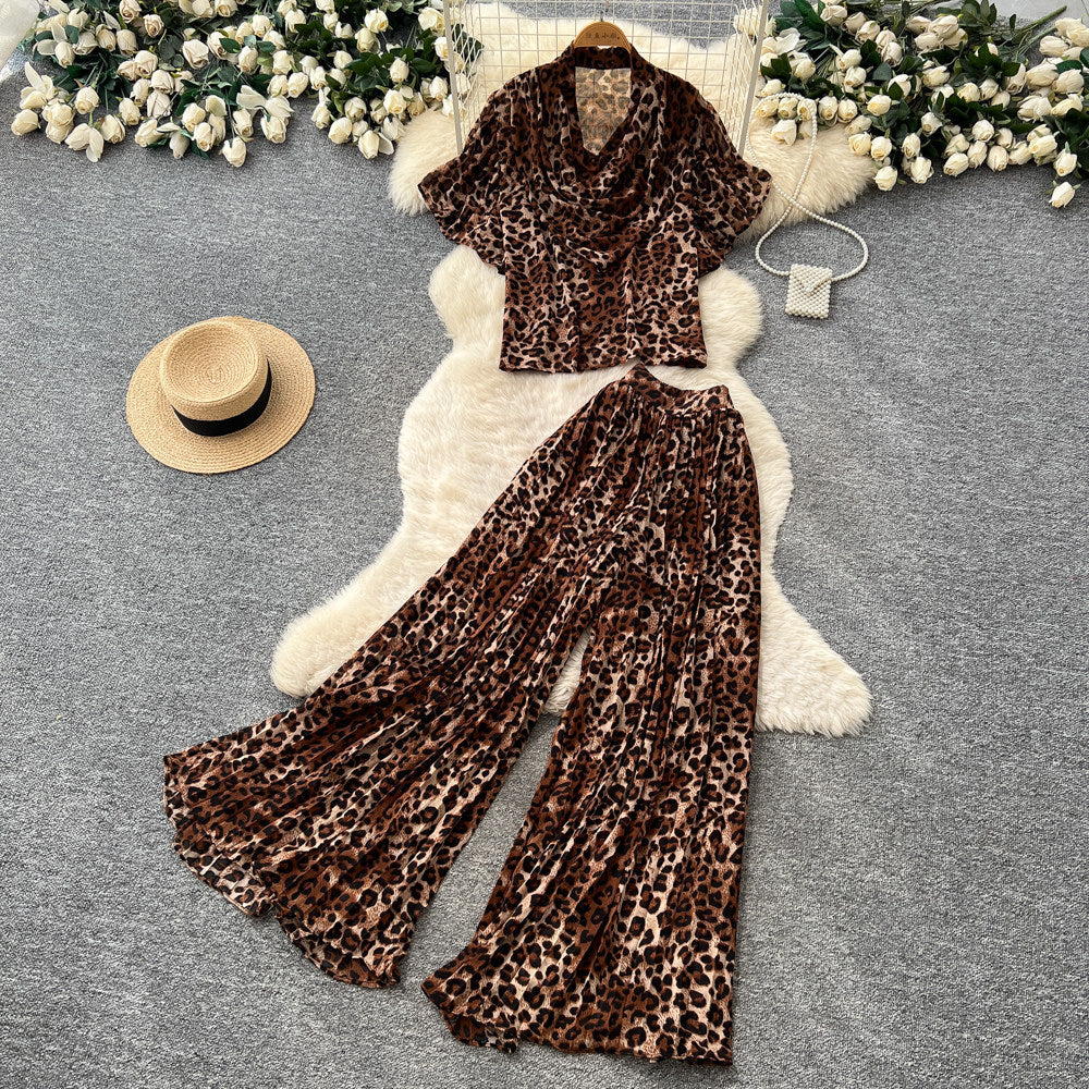 Leopard print vacation-ready two-piece set: summer chic, high-waisted wide-leg pants, effortlessly stylish and youthful
