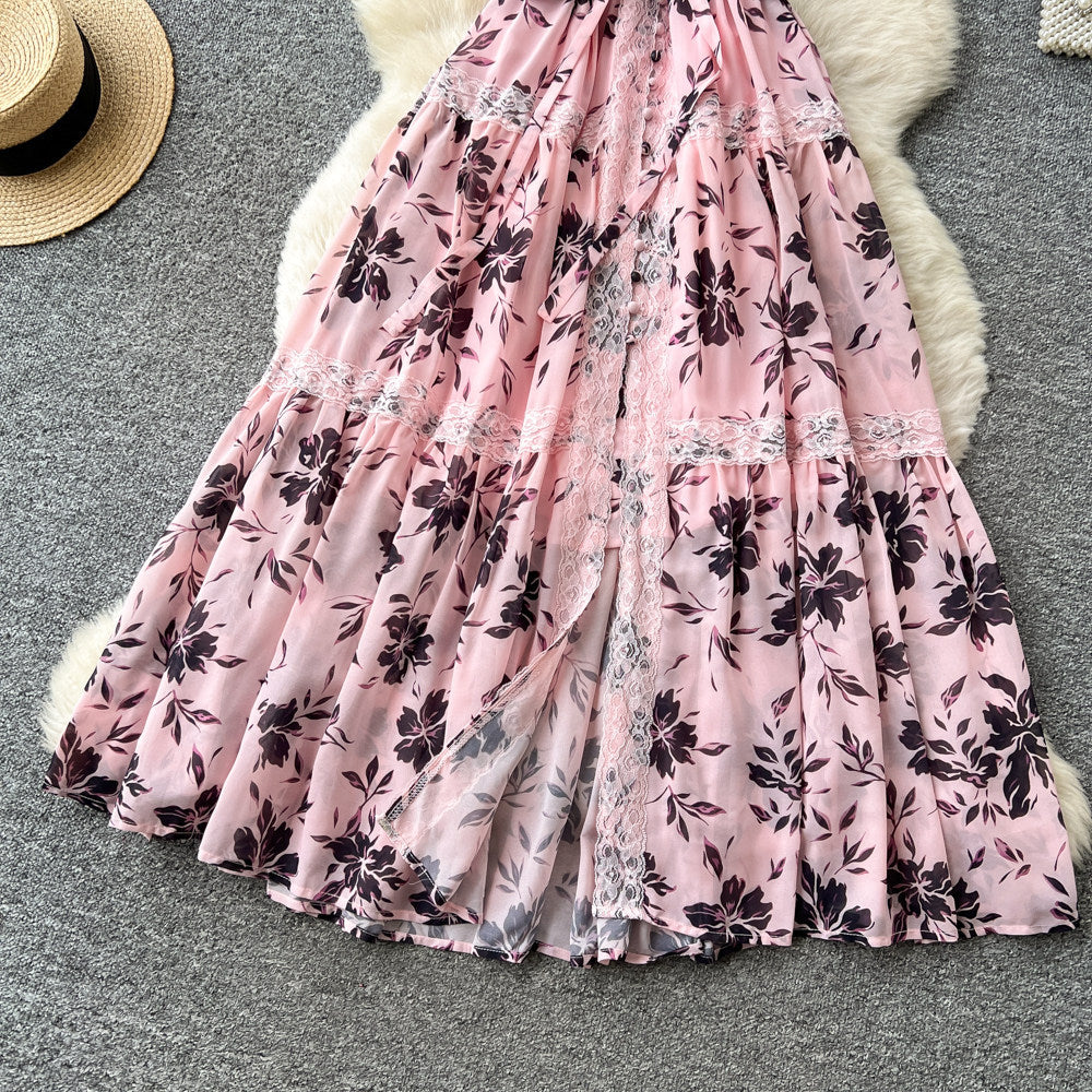 elegance floral v necklacepatchworkdress women's summer short sleeve waist slimming lookruffleselegant long skirt