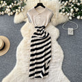 Korean chic niche retro fashion color block diagonal stripe dress - women's slim fit bodycon knit mini dress with slit
