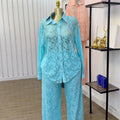 European and american cross-border women's fashion  autumn new arrival casual lace loose see-through long sleeve shirt wide leg pants set