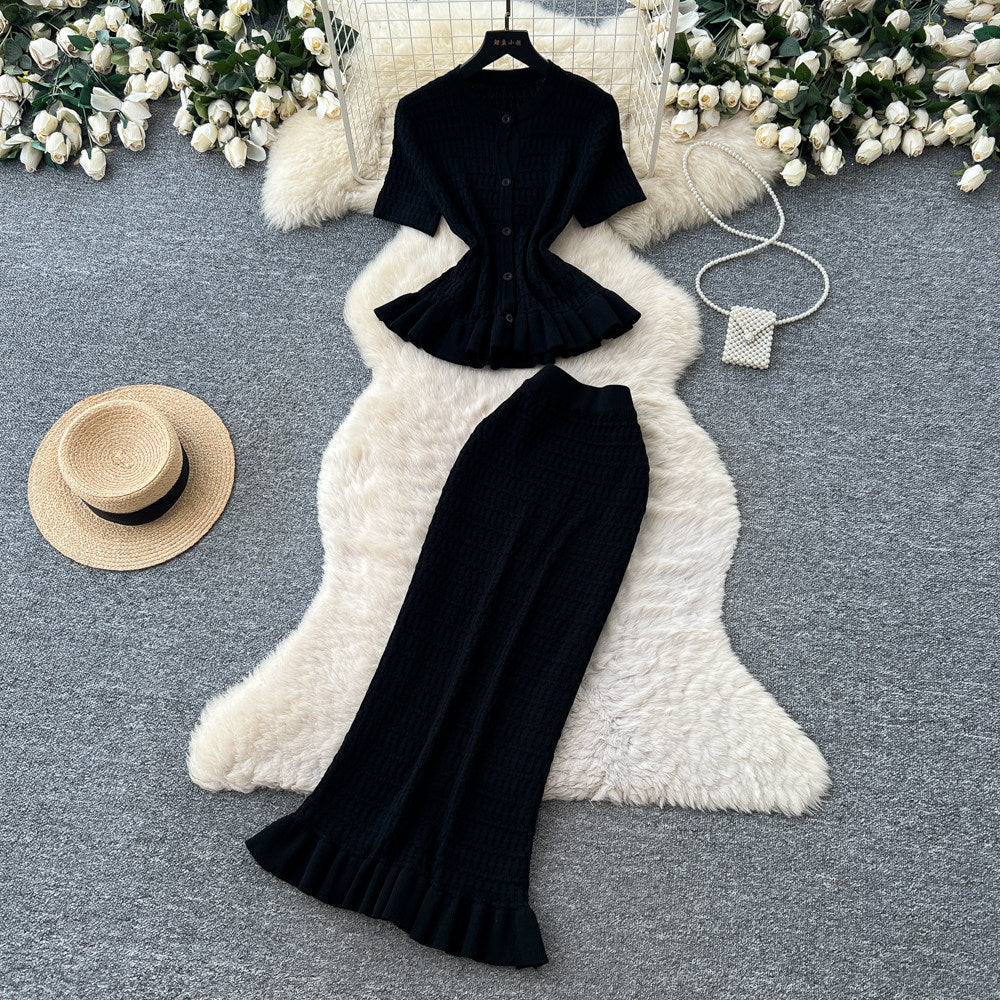 K-styleknittingrufflesilm two-piece set for women summer silm light mature elegance style work clothingelegantsuit